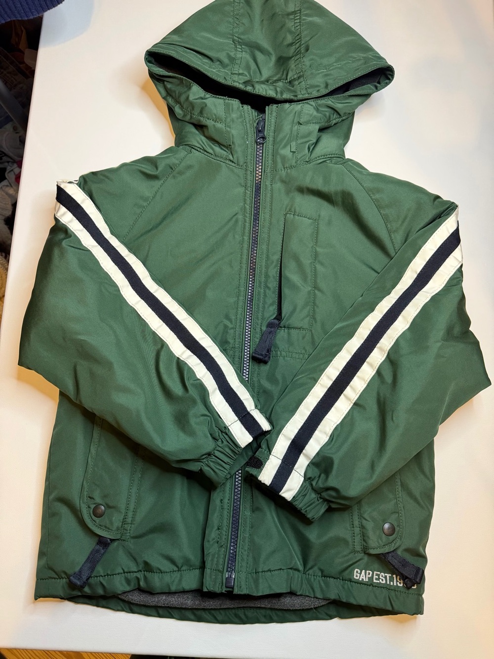 GAP Green Hooded Jacket with White & Navy Sleeve Stripes